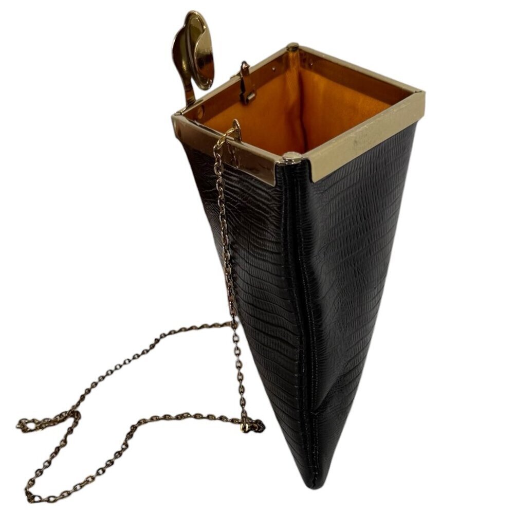 Vintage Etra Black Textured Genuine Leather Clutch Purse Bag Gold Tone Chain